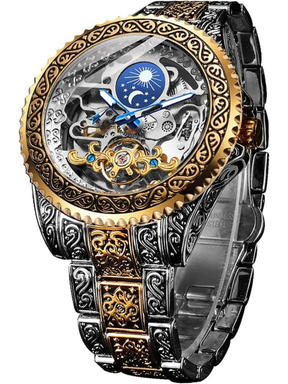 FORSINING Retro Watch for Men Carved Self-Wind Mechanical Tattoo Tourbillon Moon